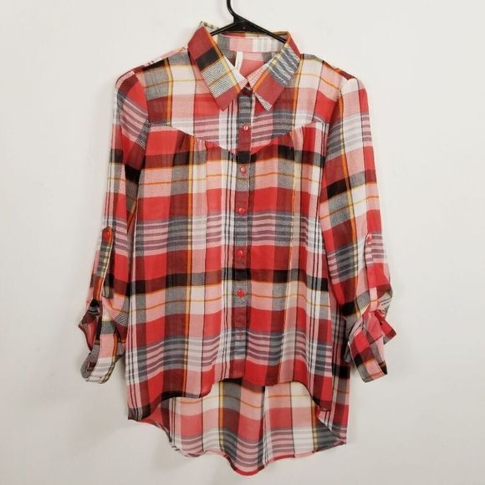 Tartan Plaid Sheer High Low Western Inspired Button Up Shirt